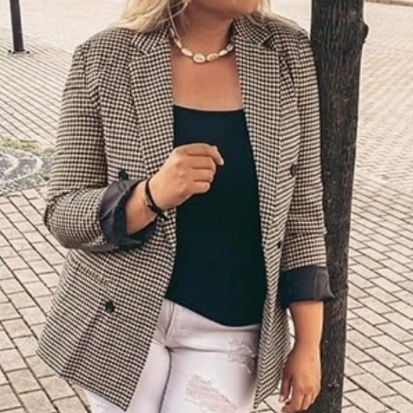 Plaid Print Double Breasted Lapel Collar Blazer work professional Business Chic - Picture 15 of 16